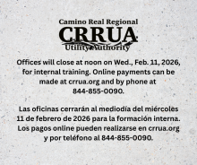 CRRUA offices will close at noon on Wed., Feb. 11, 2026.