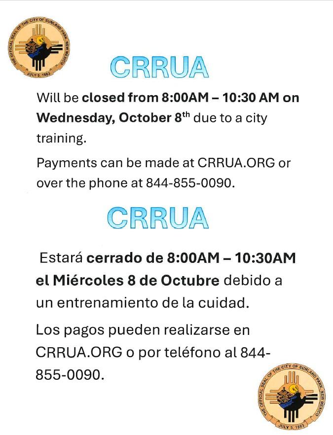 CRRUA office will be closed from 8 - 10:30 a.m. on Oct. 8
